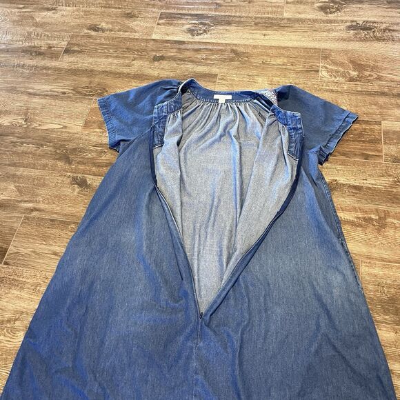 Go Softly Dress XL Embroidered Floral Short Sleeve Zip-Front Denim Patio Mumu - Picture 3 of 13